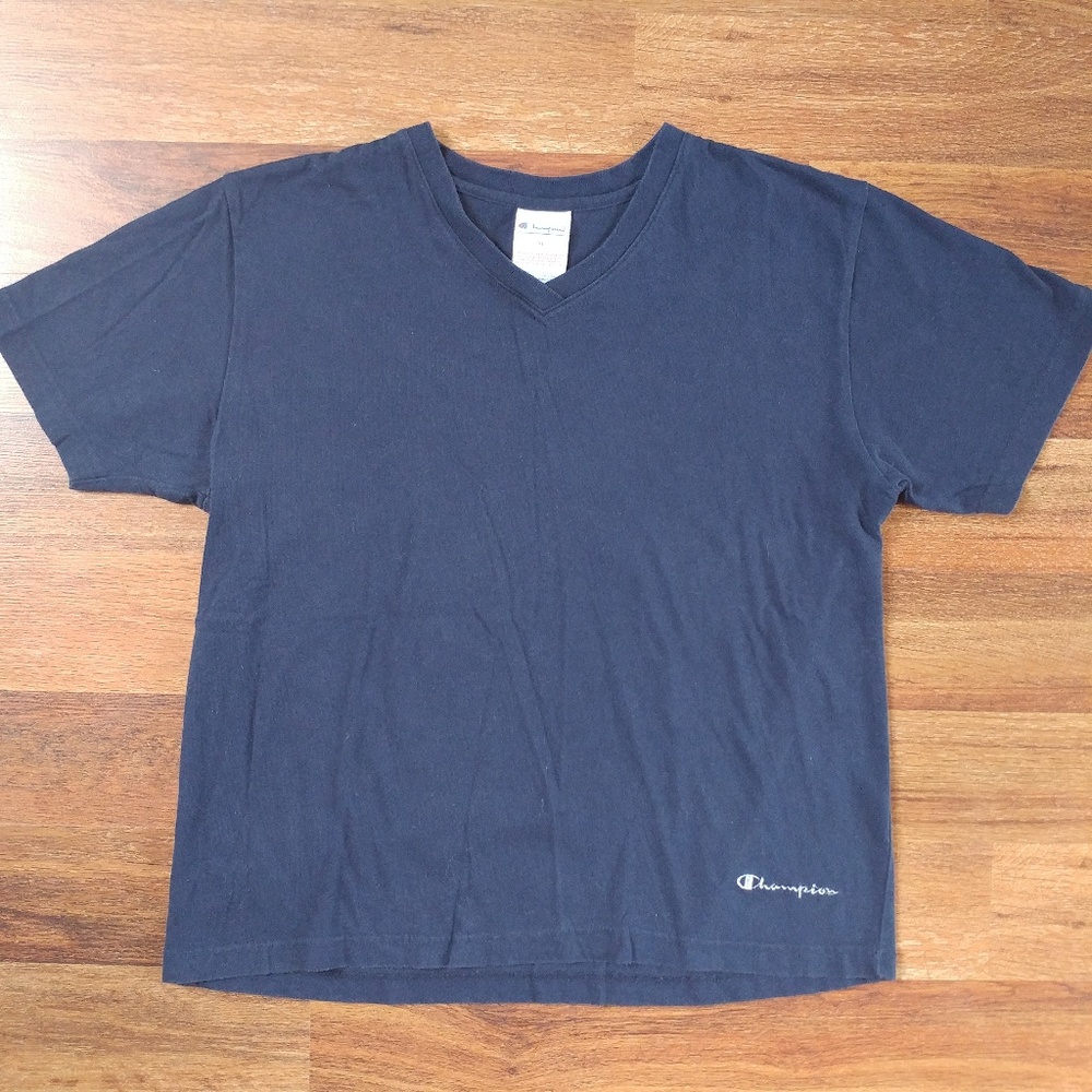 Vintage Champion Script V-Neck T-Shirt - Navy Blue